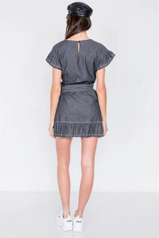 Black Denim Raw Frill Contrast Trim Hem Wrap Casual Mini Dress  /1-2-1