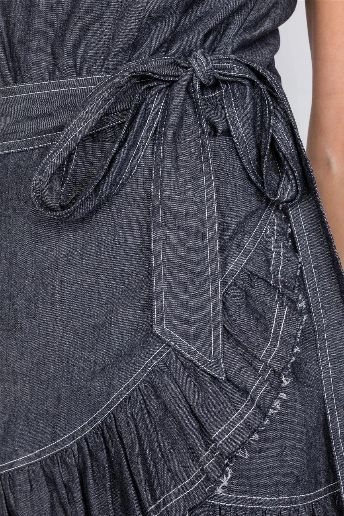 Black Denim Raw Frill Contrast Trim Hem Wrap Casual Mini Dress  /1-2-1