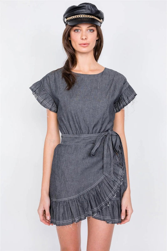 Black Denim Raw Frill Contrast Trim Hem Wrap Casual Mini Dress  /3-2-1