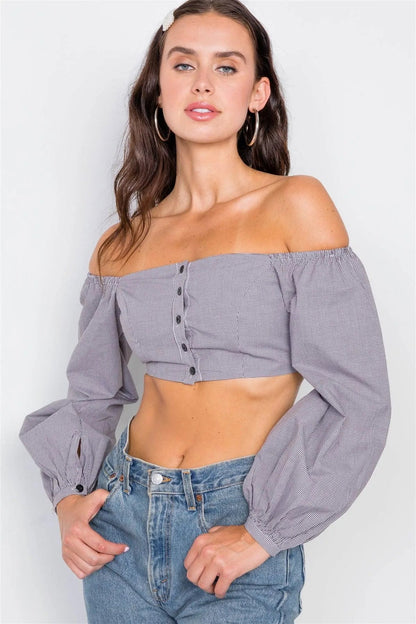 Black & White Micro Plaid Puff Sleeve Crop Top /3-2-1