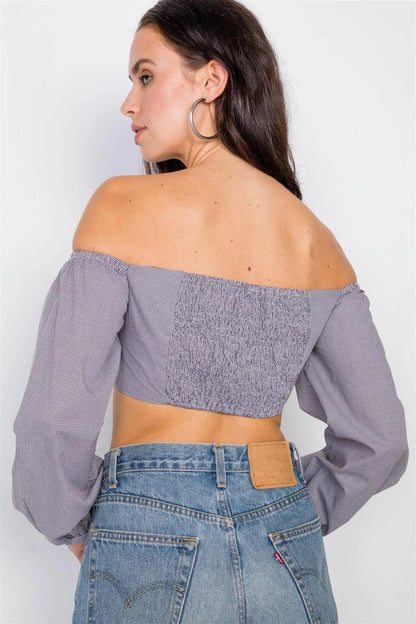 Black & White Micro Plaid Puff Sleeve Crop Top /3-2-1