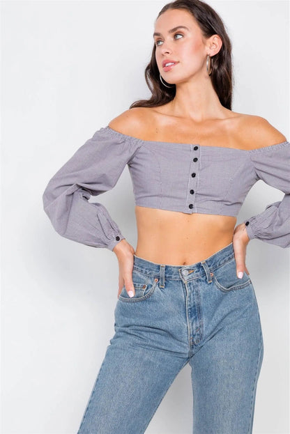 Black & White Micro Plaid Puff Sleeve Crop Top /3-2-1
