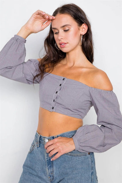 Black & White Micro Plaid Puff Sleeve Crop Top /3-2-1
