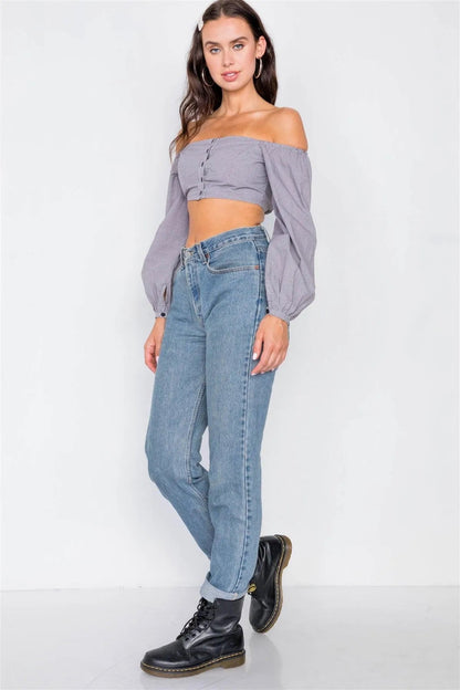 Black & White Micro Plaid Puff Sleeve Crop Top /3-2-1