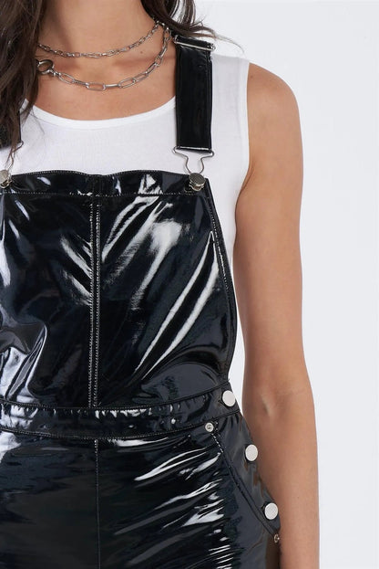 Black Faux Leather Skinny Leg Overall Jumpsuit
