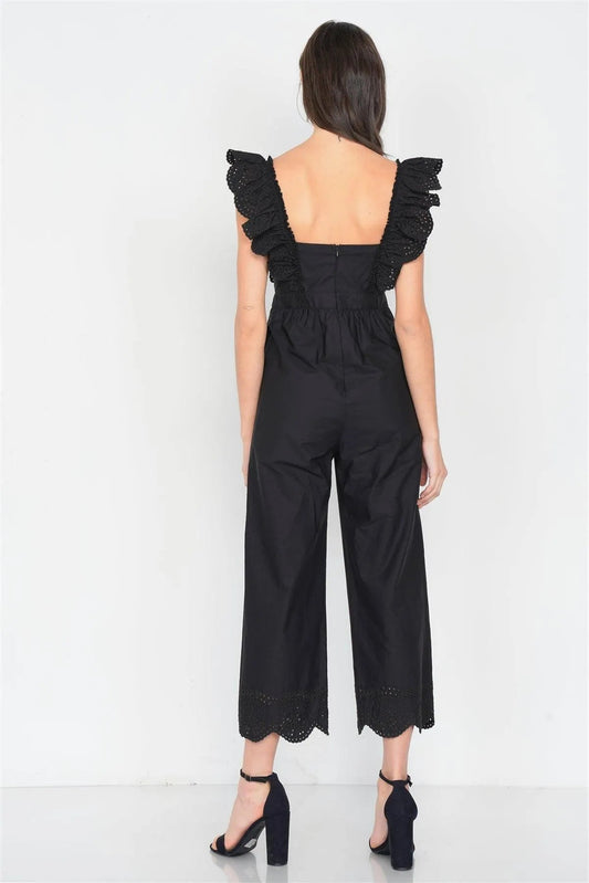 Black Cotton Eyelet Flounce Trim Wide Leg Jumpsuit /3-2-1