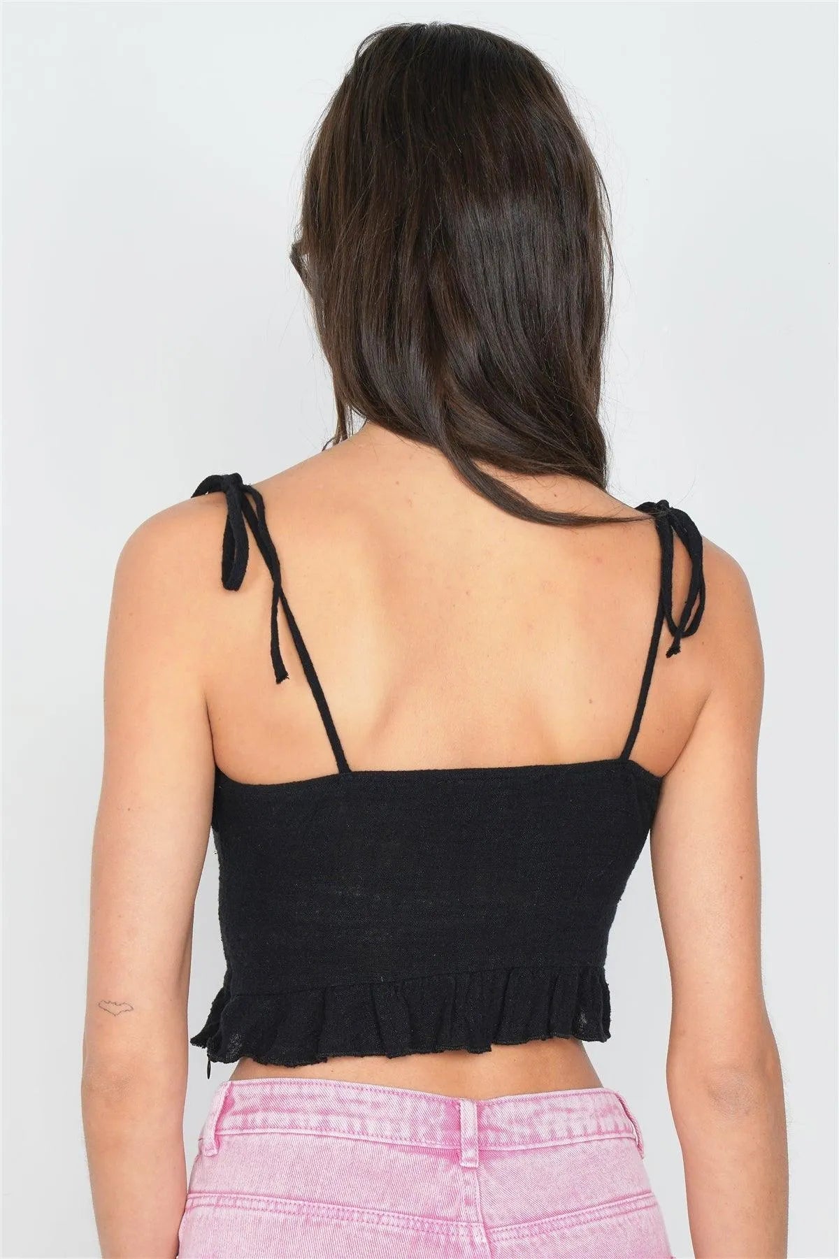 Black Cotton Self Tie Cami Strap Center Bow Cut Out Top   /3-2-1