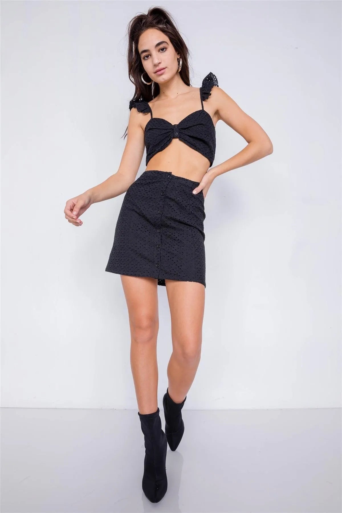 Black Eyelet Open Back Ruffle Trim Cop & Vintage Mini Skirt Set /2-1-1