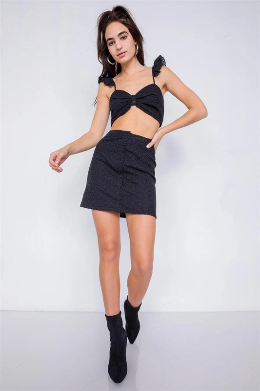 Black Eyelet Open Back Ruffle Trim Cop & Vintage Mini Skirt Set /2-1-1
