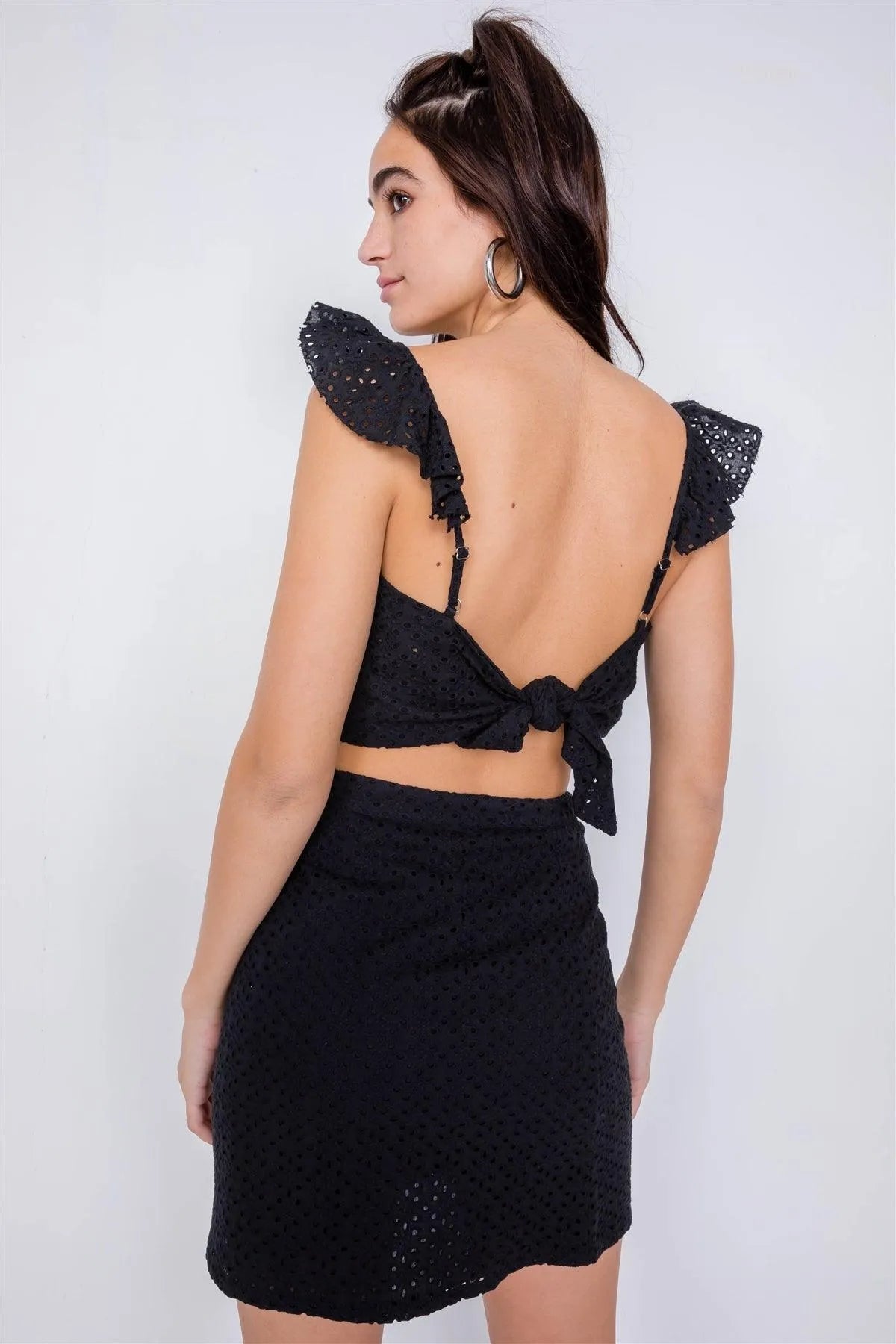 Black Eyelet Open Back Ruffle Trim Cop & Vintage Mini Skirt Set /3-2-1