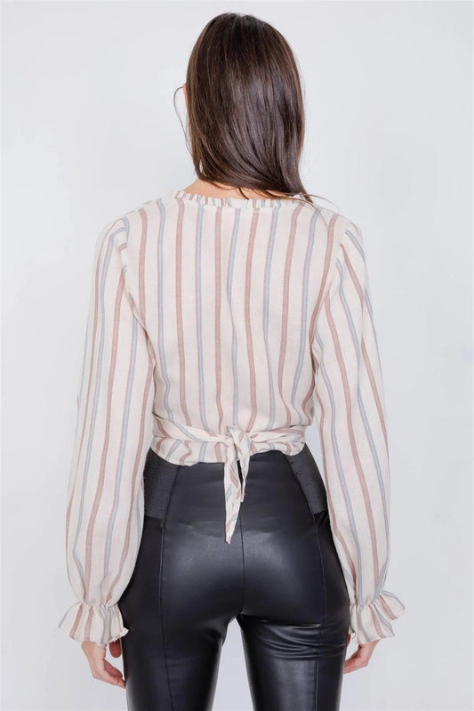 Beige Multi Stripe Boho Front Knot Tassel Puff Sleeve Crop Top /2-2-2
