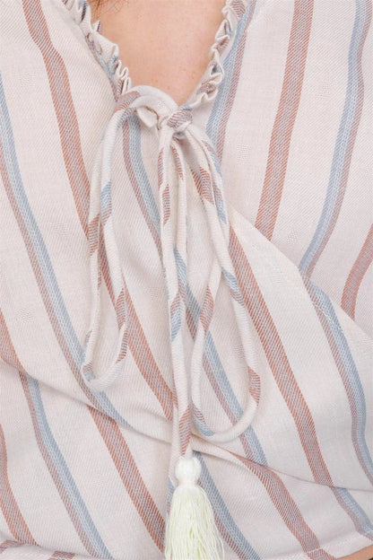 Beige Multi Stripe Boho Front Knot Tassel Puff Sleeve Crop Top /2-2-2