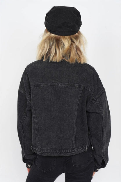 Black Cotton Denim High-Low Jean Crop Jacket /3-2-1