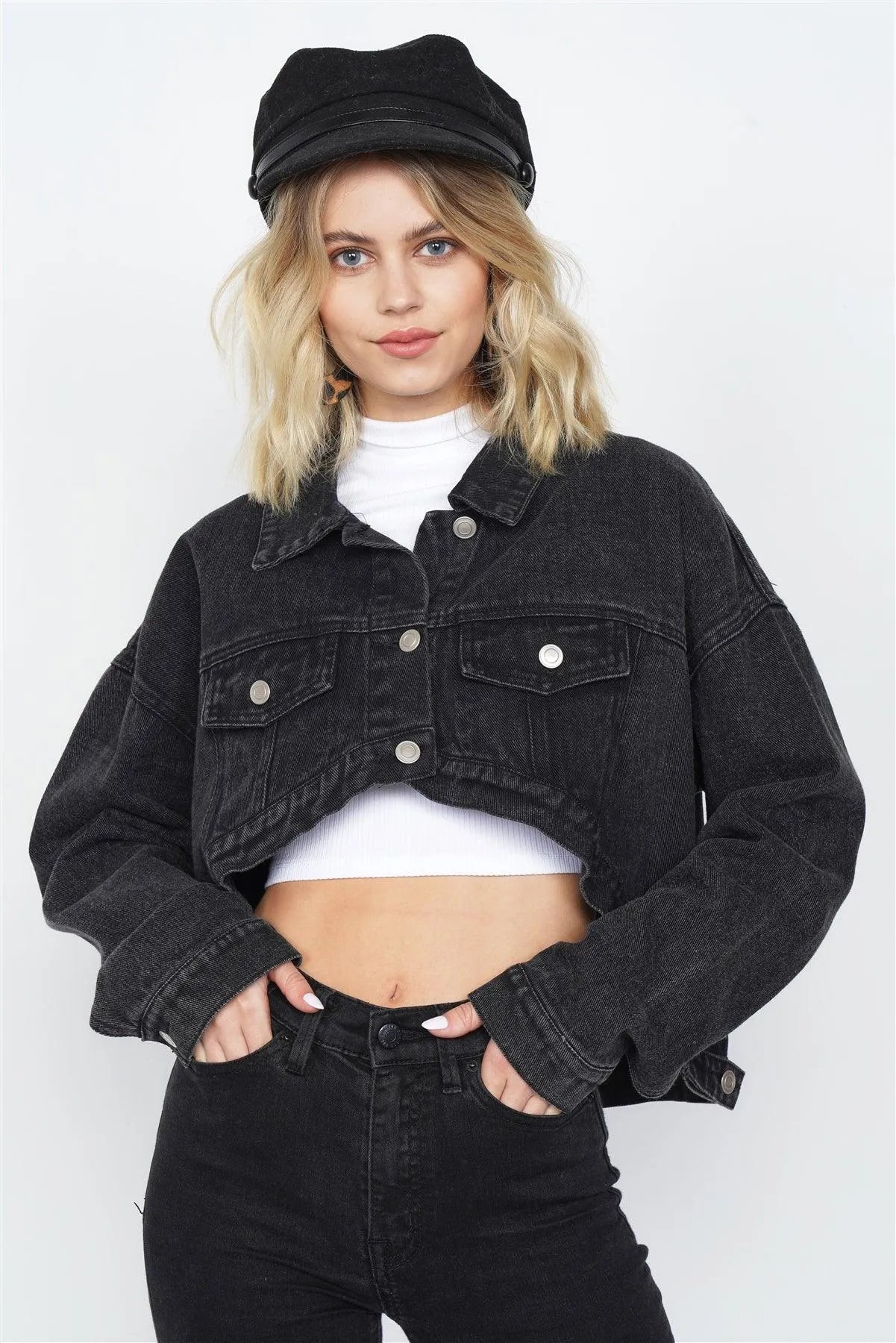 Black Cotton Denim High-Low Jean Crop Jacket /3-2-1