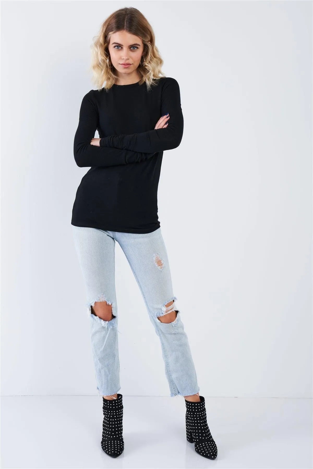 Black Casual Basic Long Sleeve Stretchy Bodycon Top /3-2-1