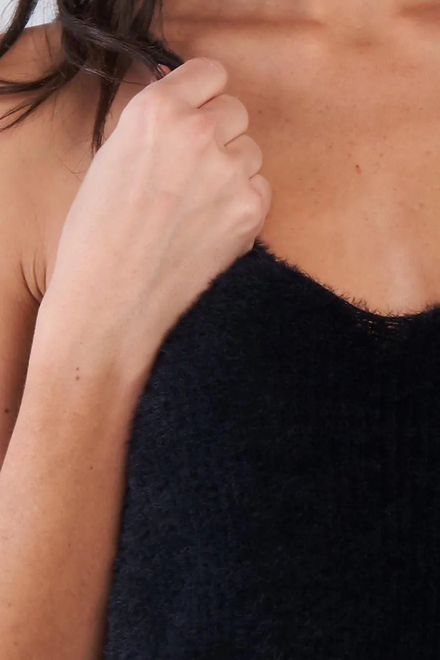 Black Hairy Ribbed V-Neck Spaghetti Strap Tank Top /3-2-1