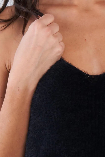 Black Hairy Ribbed V-Neck Spaghetti Strap Tank Top /3-2-1
