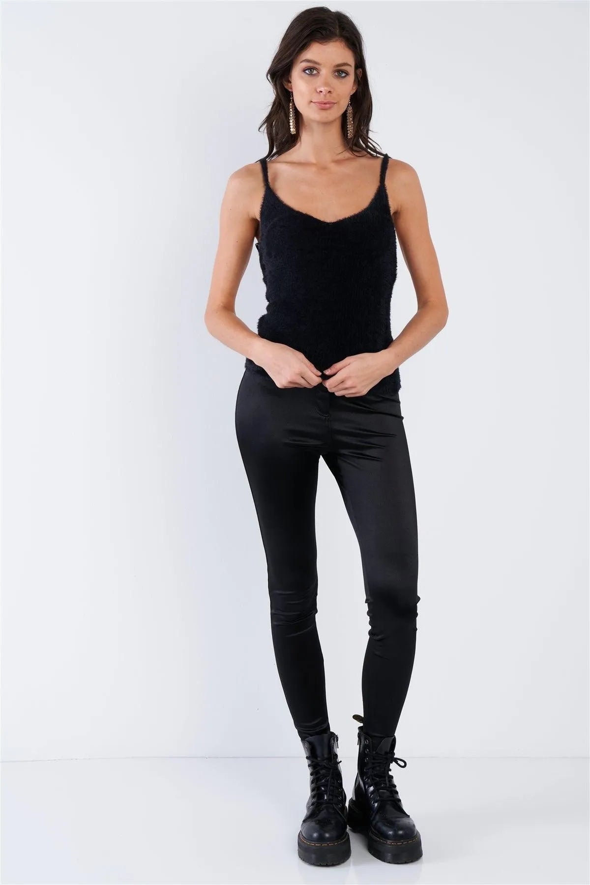 Black Hairy Ribbed V-Neck Spaghetti Strap Tank Top /3-2-1