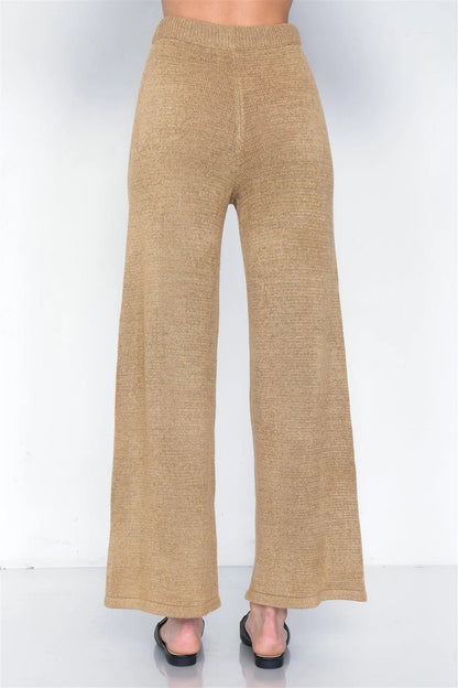 Beige Knit V-Neck Relaxed Fit Sweater & Flare Leg Pant Set   /3-2-1