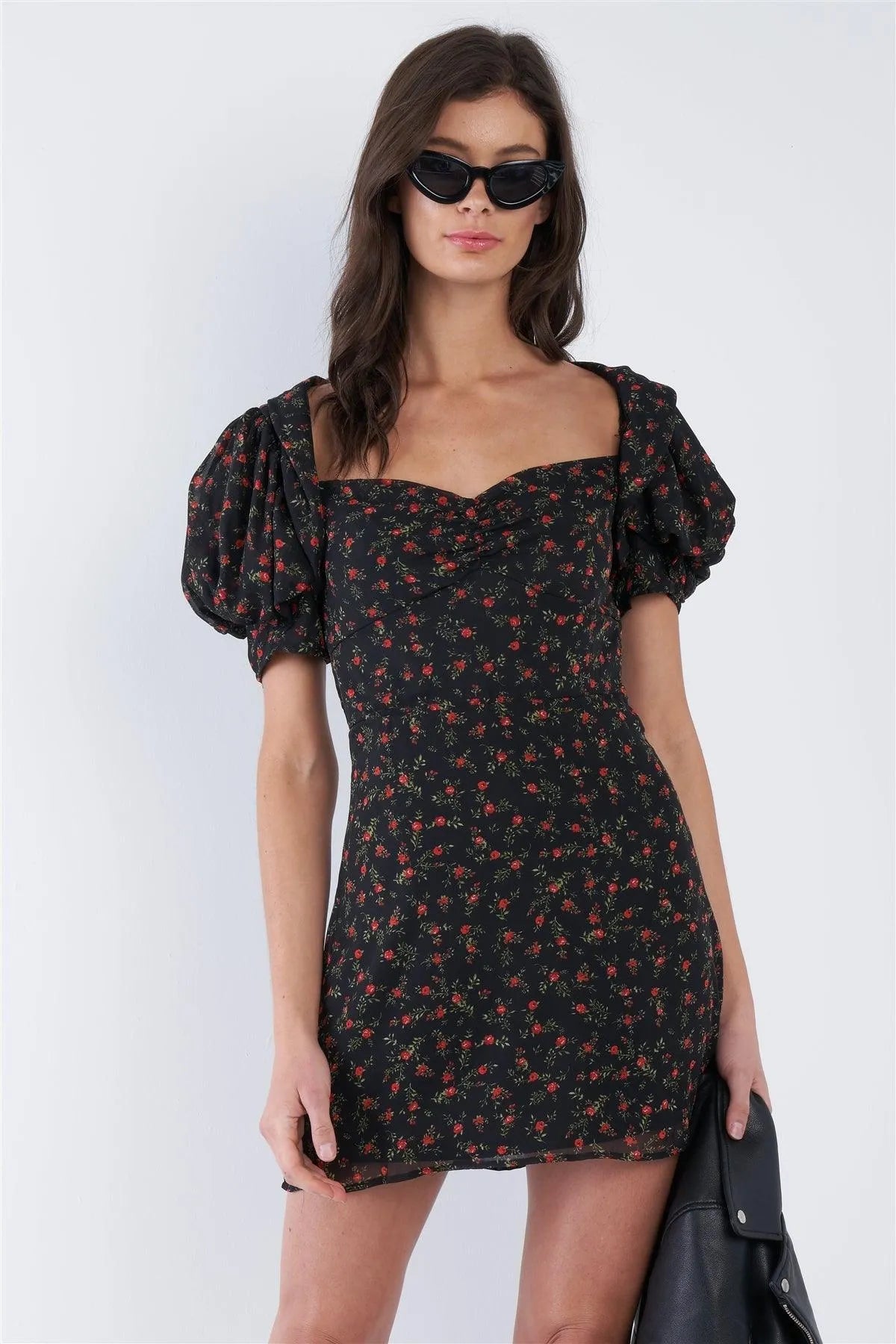 Black Boho Floral Mini Sheer Vintage Puff Sleeve Dress /3-2-1