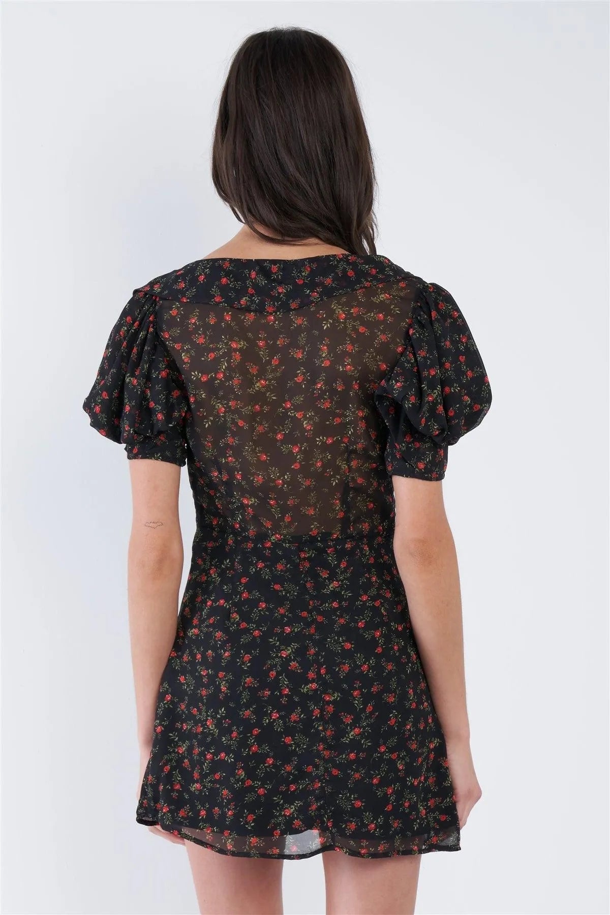 Black Boho Floral Mini Sheer Vintage Puff Sleeve Dress /3-2-1
