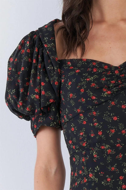 Black Boho Floral Mini Sheer Vintage Puff Sleeve Dress /3-2-1