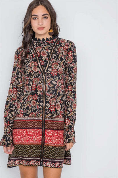 Black Floral Print Crochet Trim Mini Dress /2-2-2