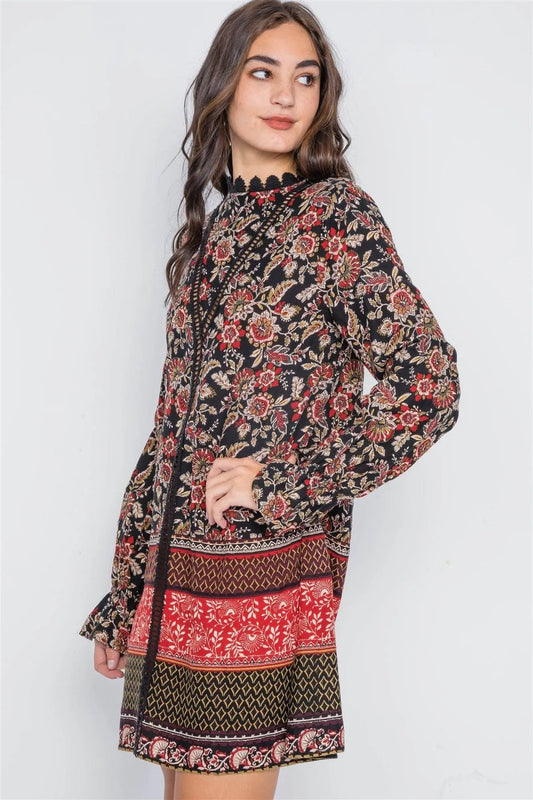 Black Floral Print Crochet Trim Mini Dress /2-2-2