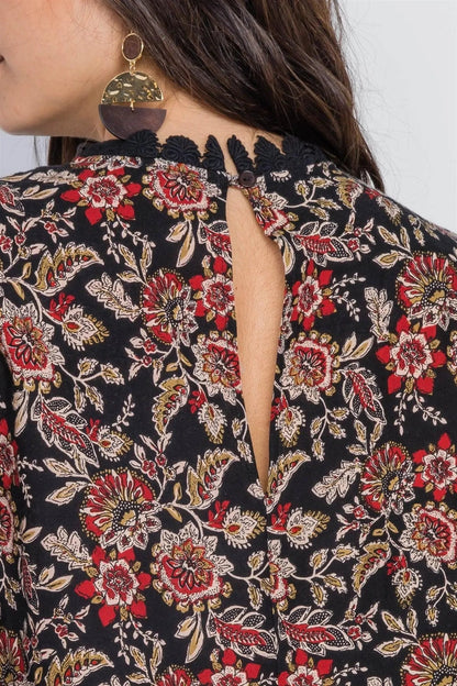 Black Floral Print Crochet Trim Mini Dress /2-2-2