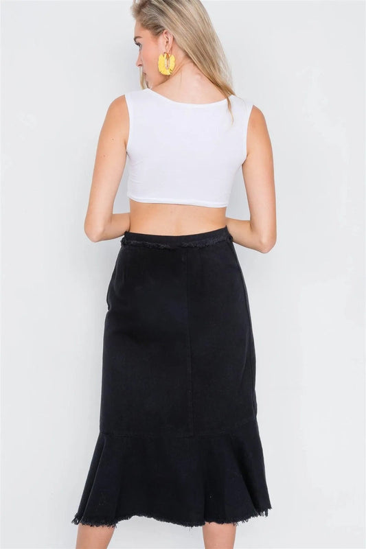 Black Denim Flounce Mermaid High-Low Midi Skirt /2-2-2
