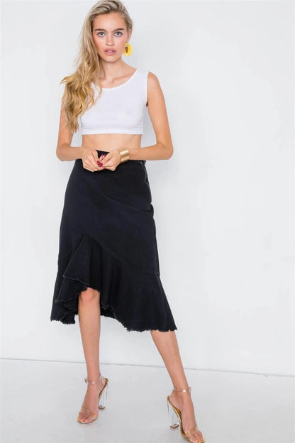 Black Denim Flounce Mermaid High-Low Midi Skirt /2-2-2
