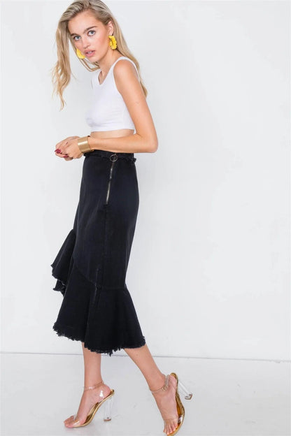 Black Denim Flounce Mermaid High-Low Midi Skirt /2-2-2