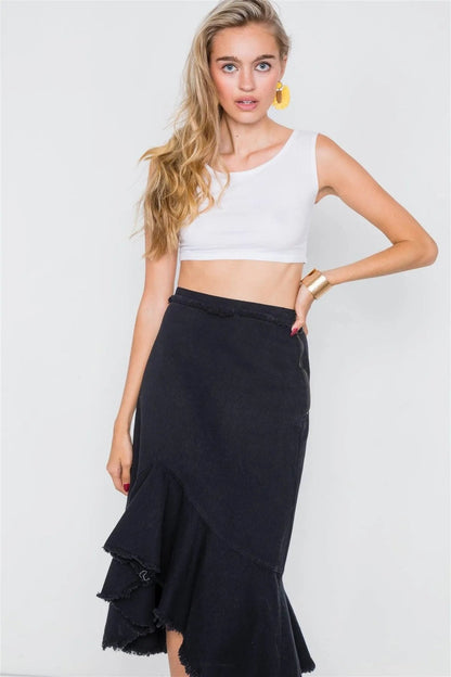 Black Denim Flounce Mermaid High-Low Midi Skirt /2-2-2