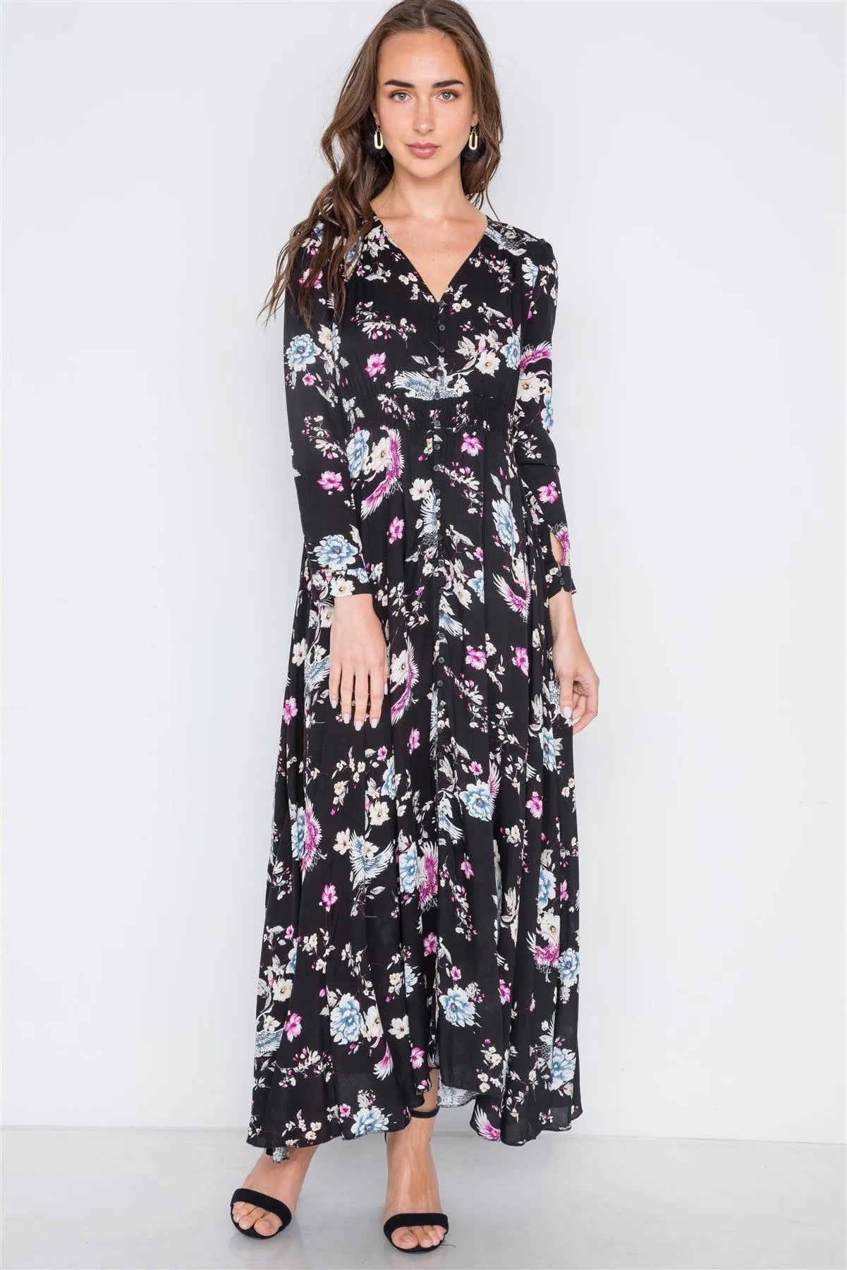 Black Floral Button Down Long Sleeve Maxi Dress /2-2-2