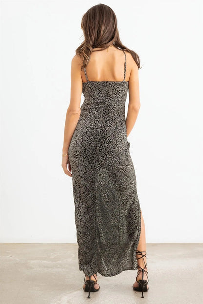 Animal Print Shiny Cut-Out Wrap Midi Dress