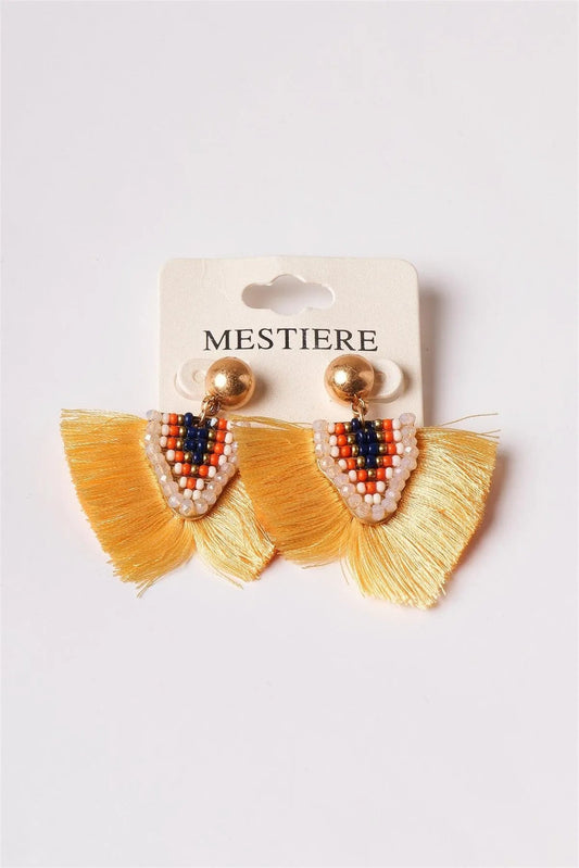Beaded Tribal Yellow Fringe Tribal Earrings /6 Pairs