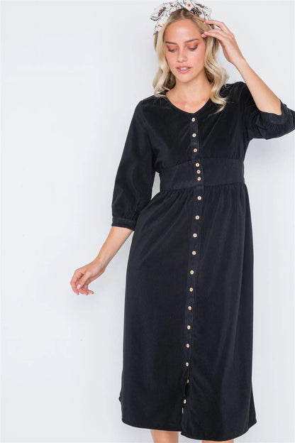 Black Corduroy 3/4 Sleeve Button Down Midi Dress /3-2-2