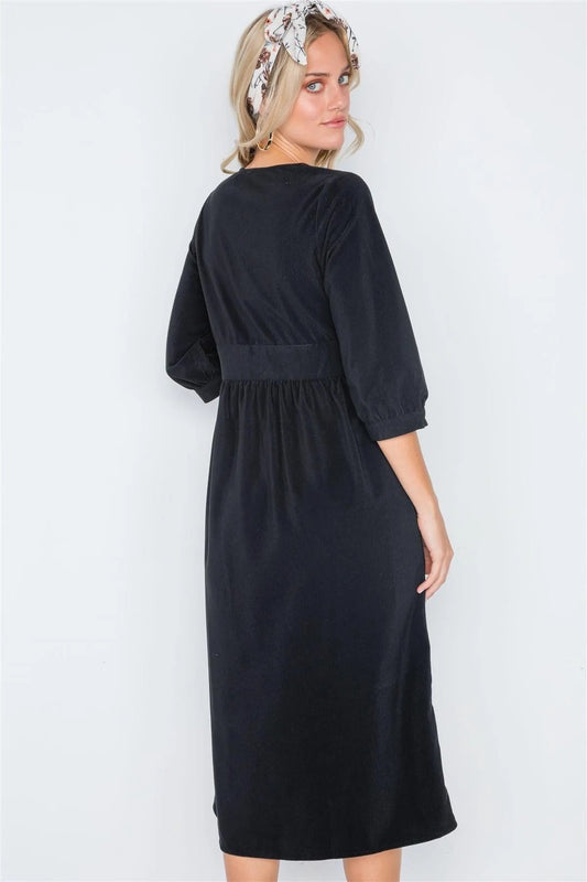 Black Corduroy 3/4 Sleeve Button Down Midi Dress /3-2-2