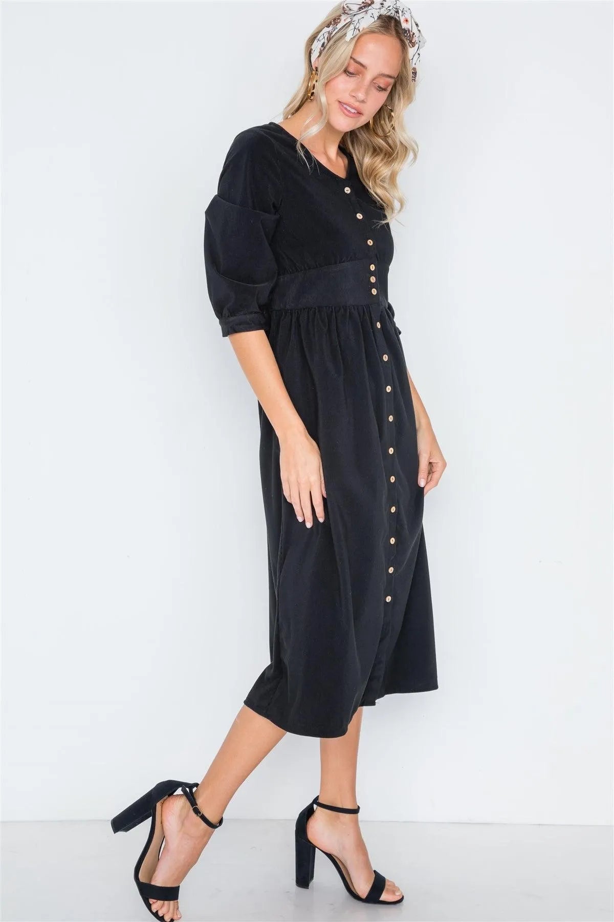 Black Corduroy 3/4 Sleeve Button Down Midi Dress /3-2-2