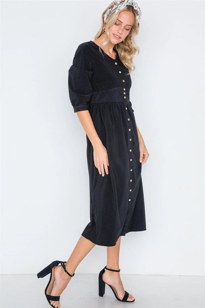 Black Corduroy 3/4 Sleeve Button Down Midi Dress /3-2-2