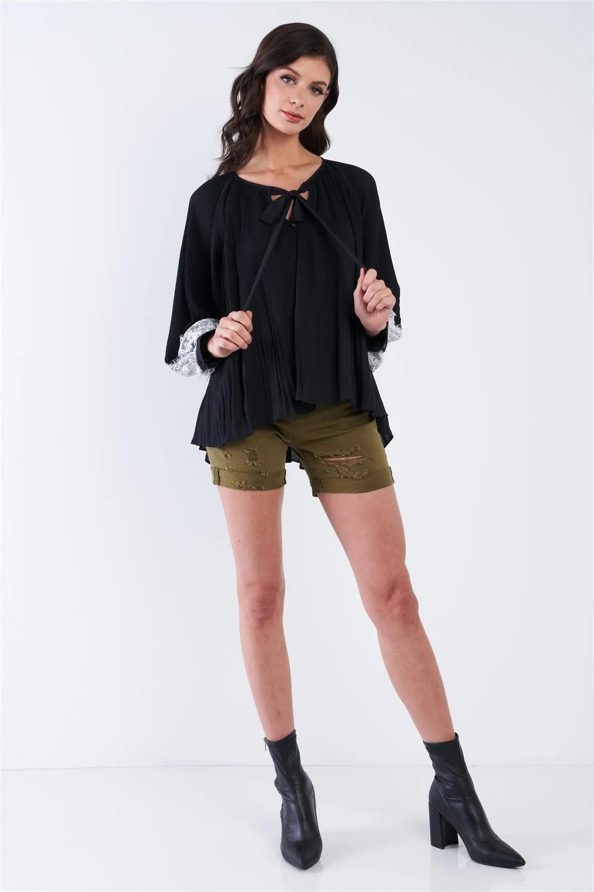 Black Accordion Pleated Lace Trim Top /2-2-2