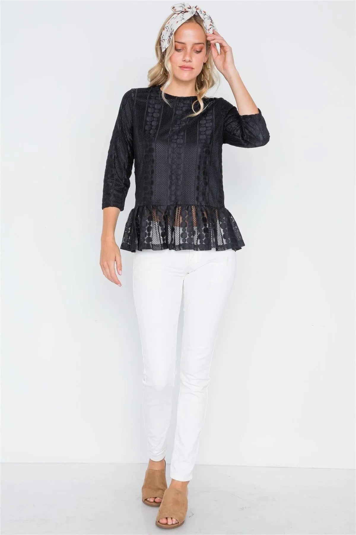 Black 3/4 Sleeve Multi Pattern Shirred Hem Top /1-2-2