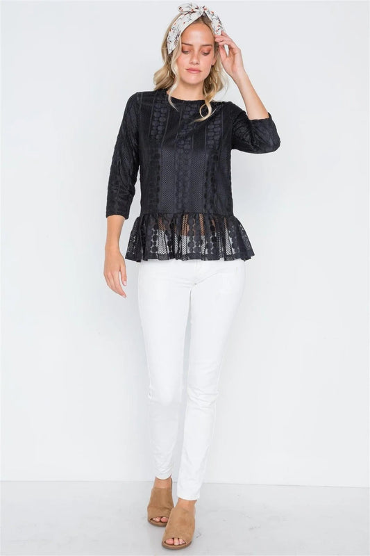 Black 3/4 Sleeve Multi Pattern Shirred Hem Top /1-2-2