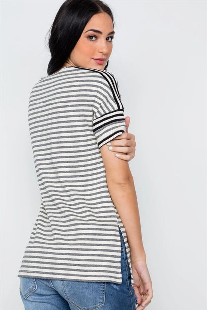 Black Cream Stripe Short Sleeve Top / 2-2-2