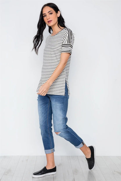 Black Cream Stripe Short Sleeve Top / 2-2-2
