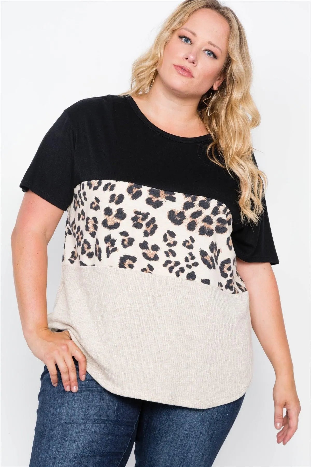 Black Cheetah Print Color Block Short Sleeve Top