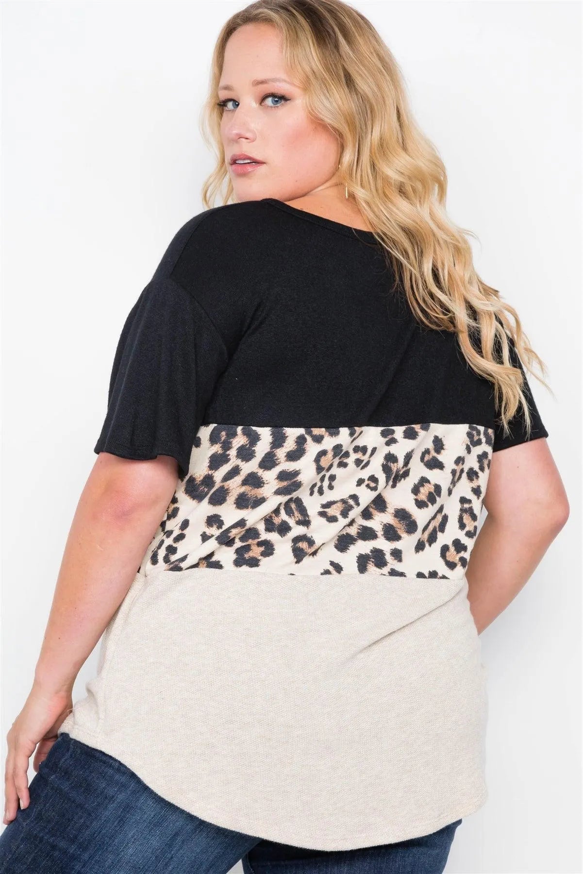 Black Cheetah Print Color Block Short Sleeve Top /2-2-2