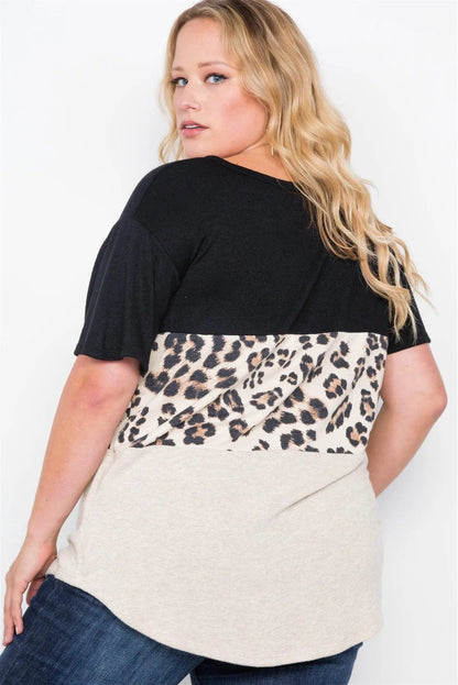 Black Cheetah Print Color Block Short Sleeve Top /2-2-2