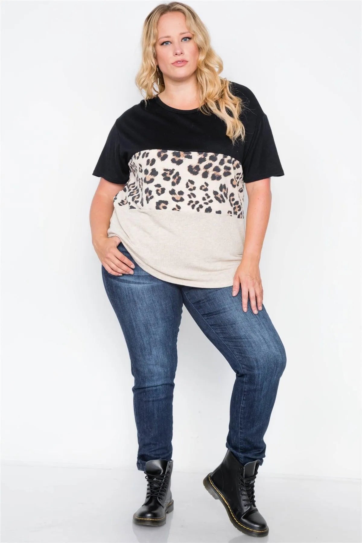 Black Cheetah Print Color Block Short Sleeve Top /2-2-2