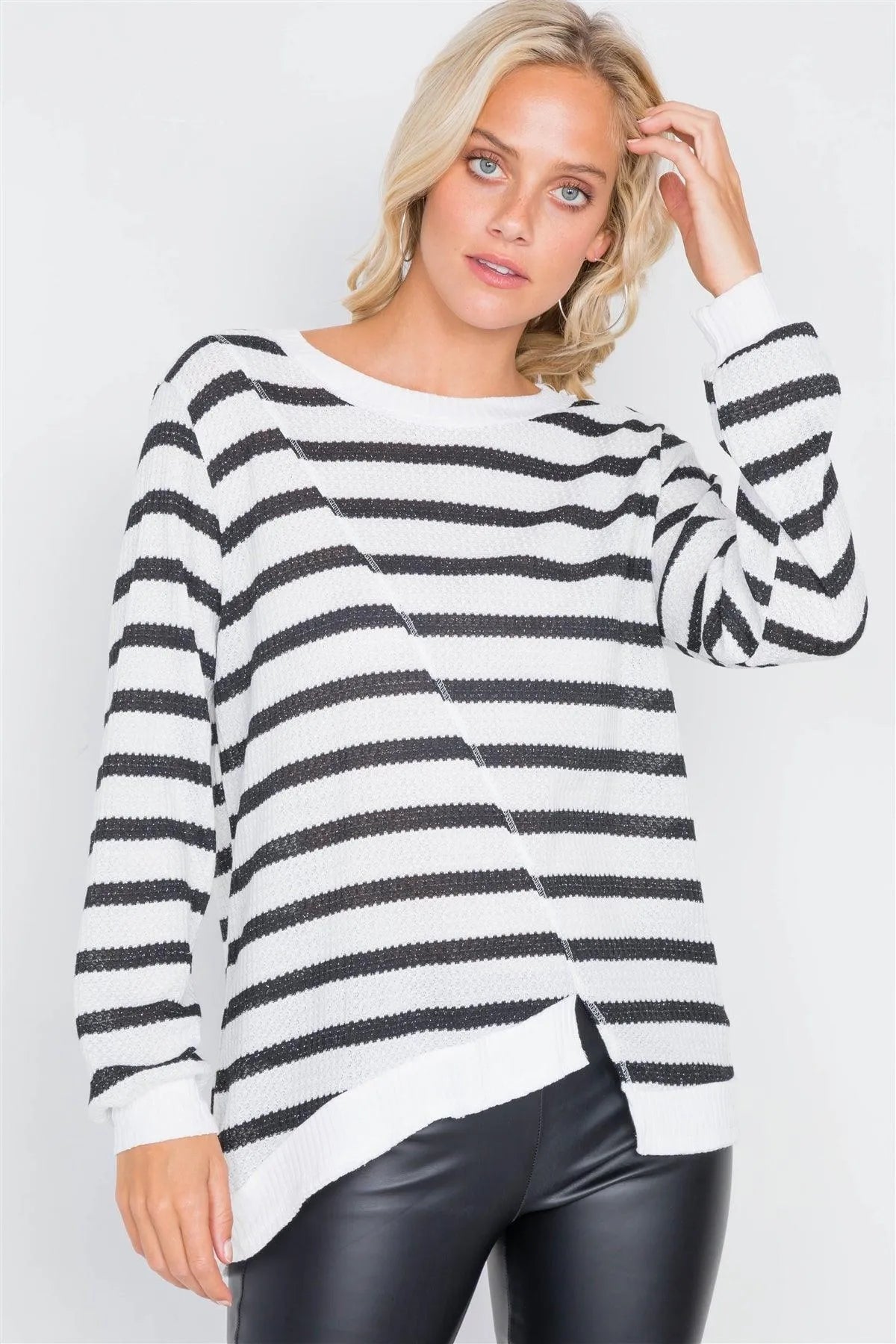 Black & Off-White Glitter High-Low Cut Long Sleeve Semi-Sheer Top /2-2-2